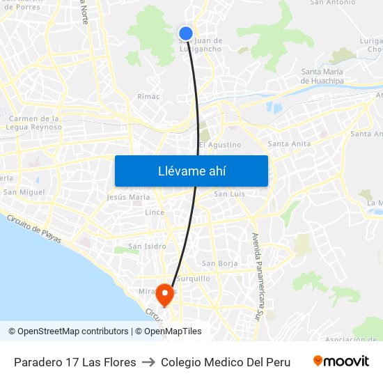 Paradero 17 Las Flores to Colegio Medico Del Peru map