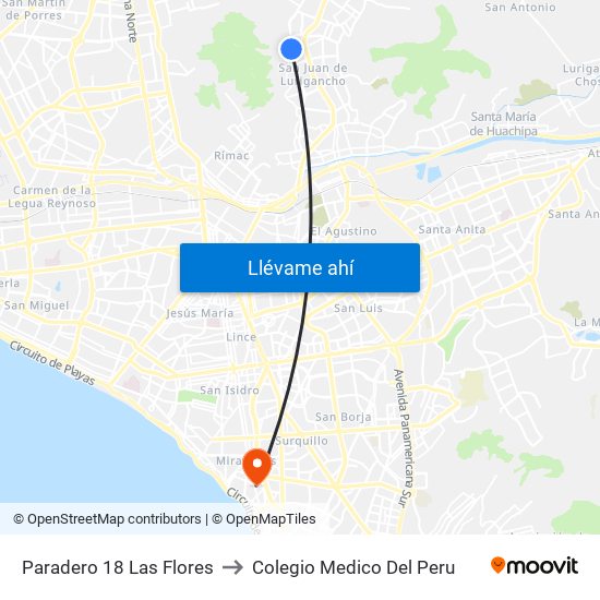 Paradero 18 Las Flores to Colegio Medico Del Peru map