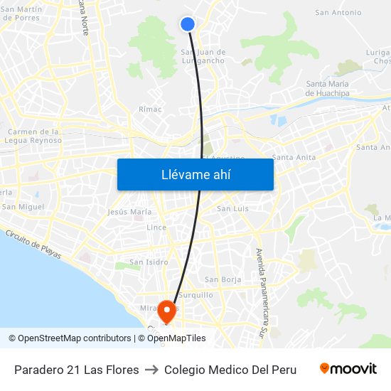 Paradero 21 Las Flores to Colegio Medico Del Peru map