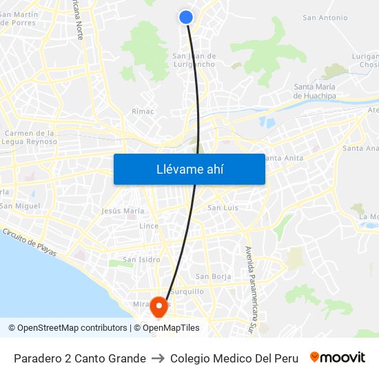 Paradero 2 Canto Grande to Colegio Medico Del Peru map