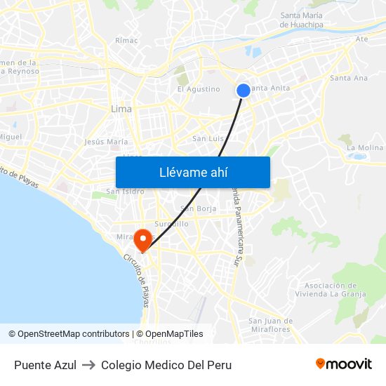 Puente Azul to Colegio Medico Del Peru map