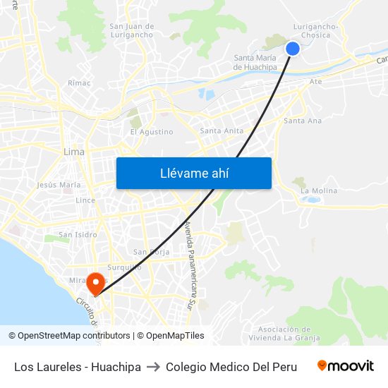 Los Laureles - Huachipa to Colegio Medico Del Peru map