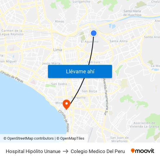 Hospital Hipólito Unanue to Colegio Medico Del Peru map