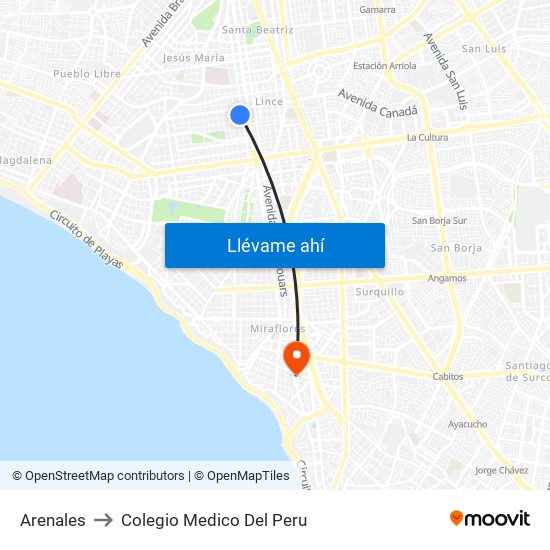Arenales to Colegio Medico Del Peru map