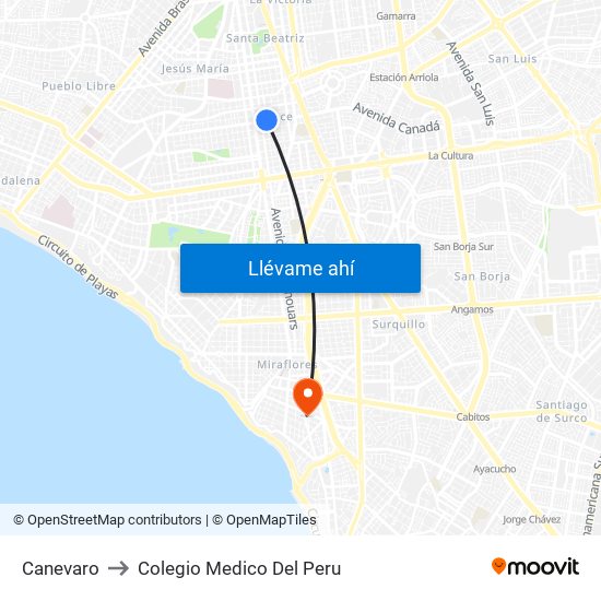Canevaro to Colegio Medico Del Peru map