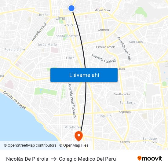 Nicolás De Piérola to Colegio Medico Del Peru map