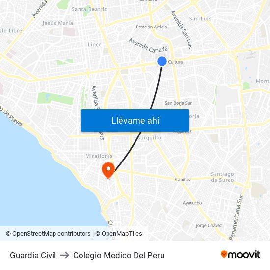 Guardia Civil to Colegio Medico Del Peru map