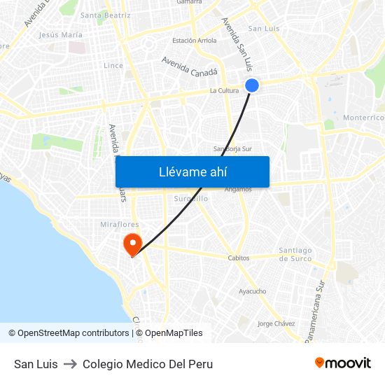San Luis to Colegio Medico Del Peru map