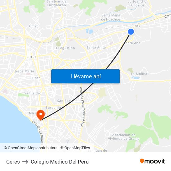 Ceres to Colegio Medico Del Peru map