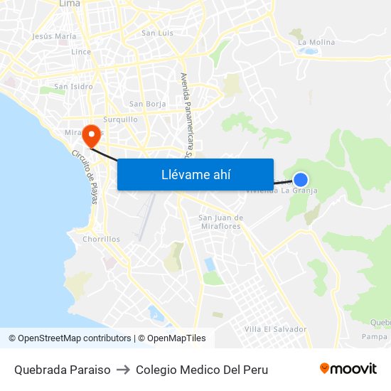 Quebrada Paraiso to Colegio Medico Del Peru map