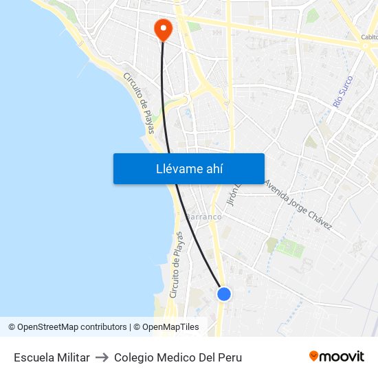 Escuela Militar to Colegio Medico Del Peru map