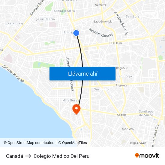 Canadá to Colegio Medico Del Peru map