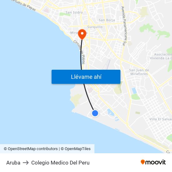 Aruba to Colegio Medico Del Peru map