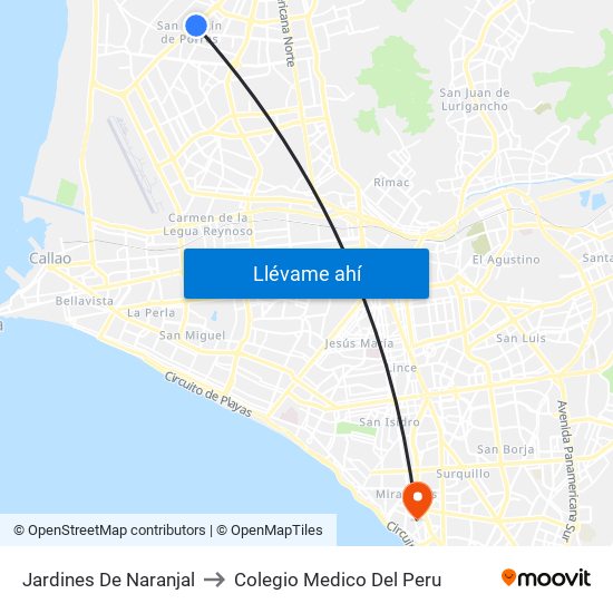Jardines De Naranjal to Colegio Medico Del Peru map