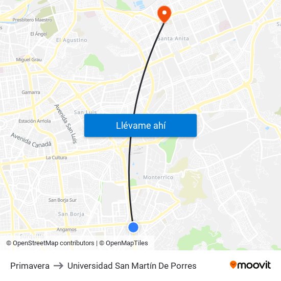 Primavera to Universidad San Martín De Porres map