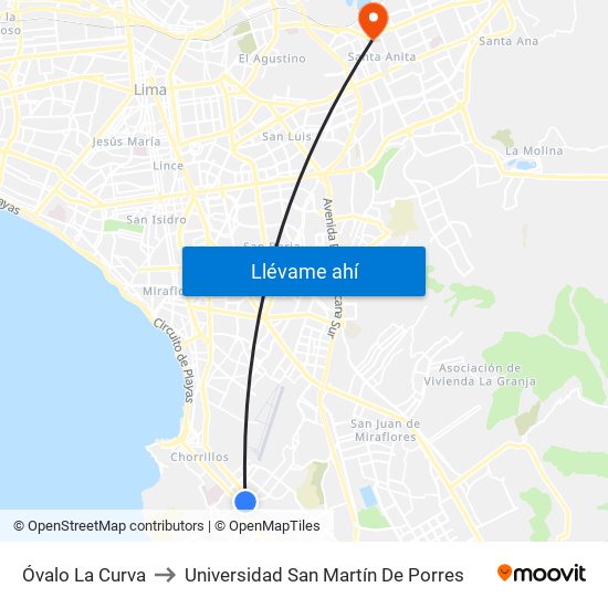 Óvalo La Curva to Universidad San Martín De Porres map