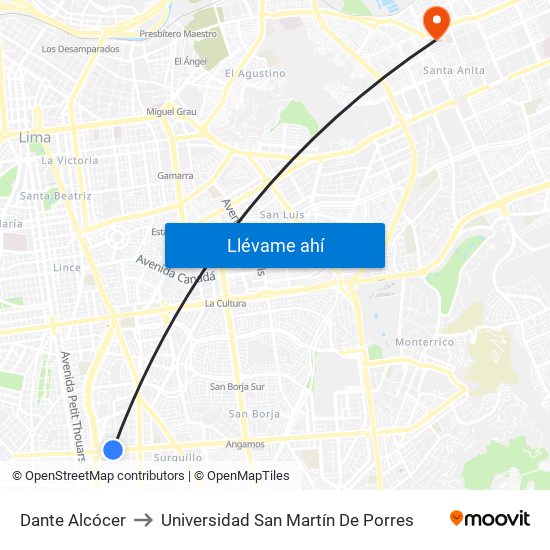 Dante Alcócer to Universidad San Martín De Porres map