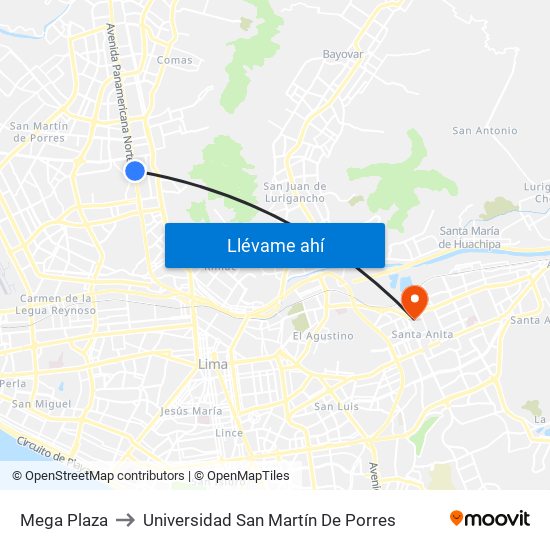 Mega Plaza to Universidad San Martín De Porres map