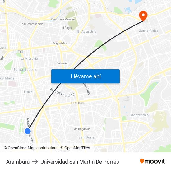 Aramburú to Universidad San Martín De Porres map