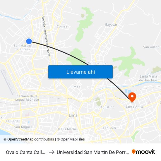 Ovalo Canta Callao to Universidad San Martín De Porres map