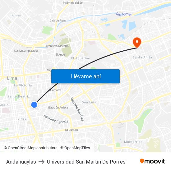 Andahuaylas to Universidad San Martín De Porres map