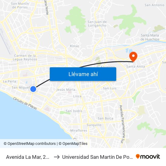 Avenida La Mar, 2280 to Universidad San Martín De Porres map