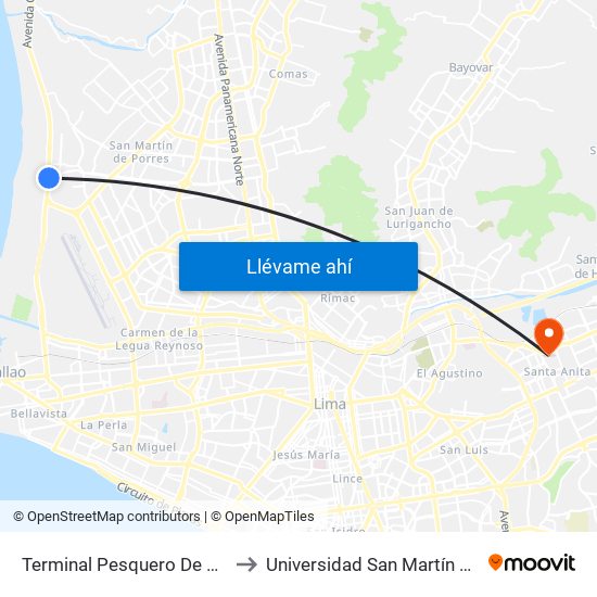 Terminal Pesquero De Ventanilla to Universidad San Martín De Porres map