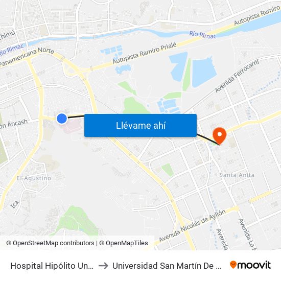 Hospital Hipólito Unanue to Universidad San Martín De Porres map