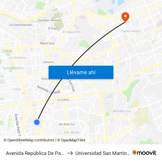 Avenida República De Panamá 3680 to Universidad San Martín De Porres map