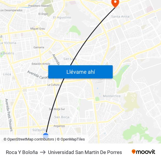 Roca Y Boloña to Universidad San Martín De Porres map