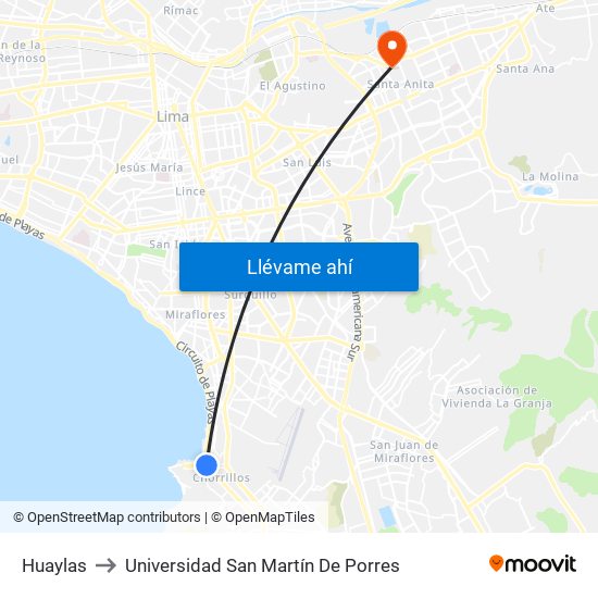 Huaylas to Universidad San Martín De Porres map
