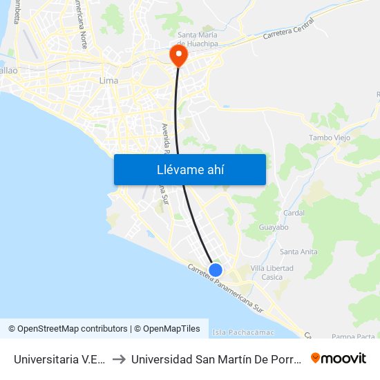 Universitaria V.E.S to Universidad San Martín De Porres map