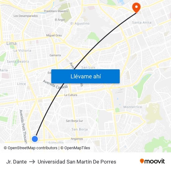 Jr. Dante to Universidad San Martín De Porres map