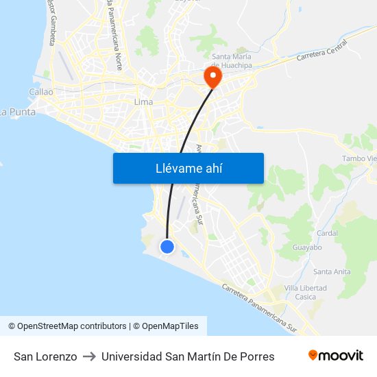 San Lorenzo to Universidad San Martín De Porres map
