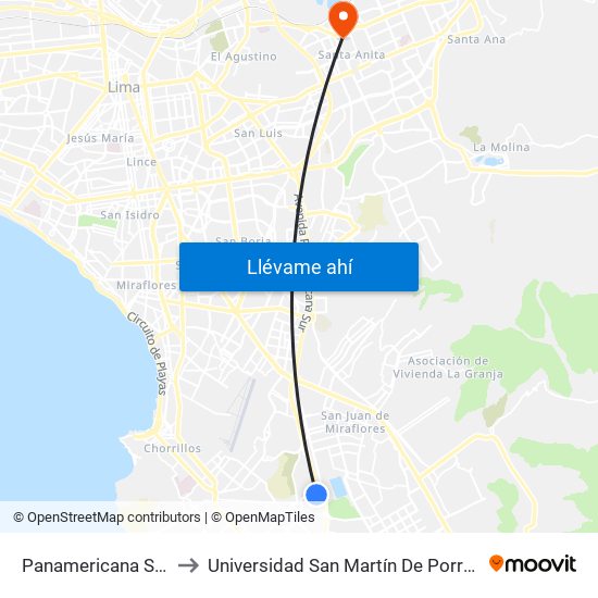Panamericana Sur to Universidad San Martín De Porres map