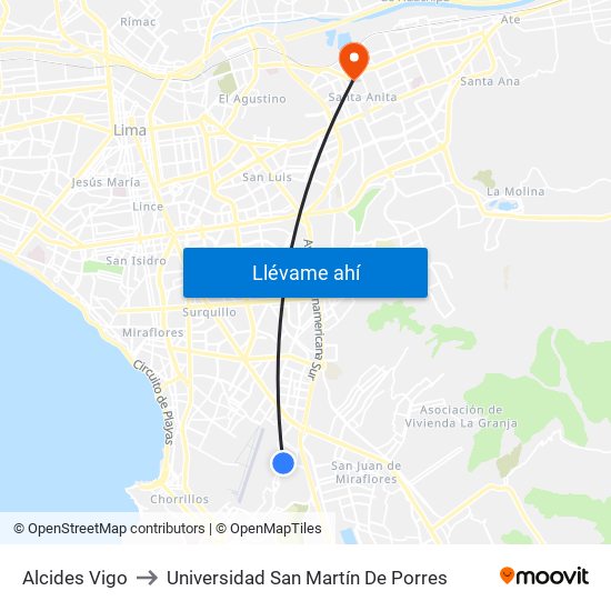 Alcides Vigo to Universidad San Martín De Porres map