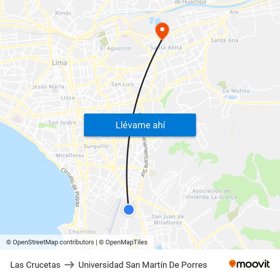 Las Crucetas to Universidad San Martín De Porres map