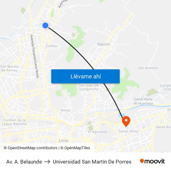 Av. A. Belaunde to Universidad San Martín De Porres map