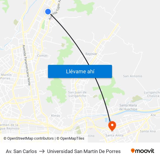 Av. San Carlos to Universidad San Martín De Porres map