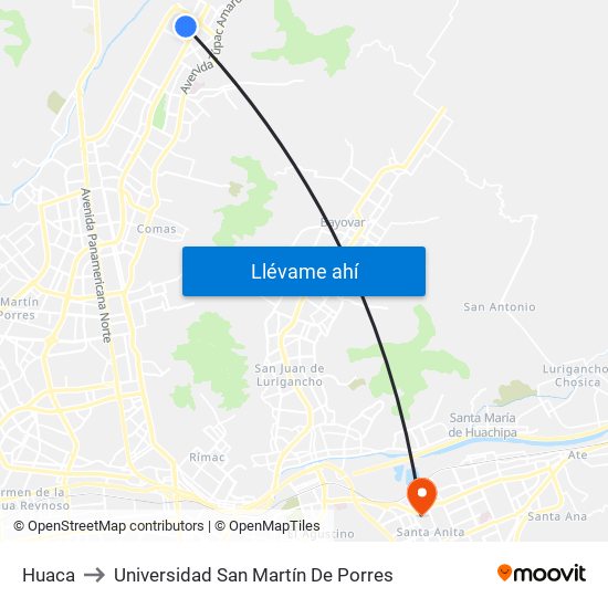 Huaca to Universidad San Martín De Porres map
