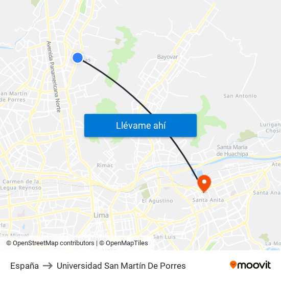 España to Universidad San Martín De Porres map