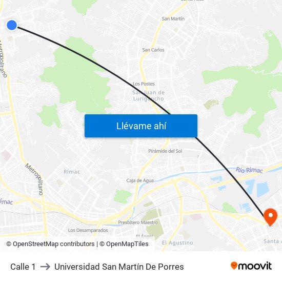 Calle 1 to Universidad San Martín De Porres map