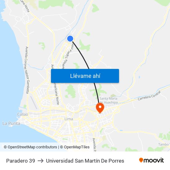 Paradero 39 to Universidad San Martín De Porres map
