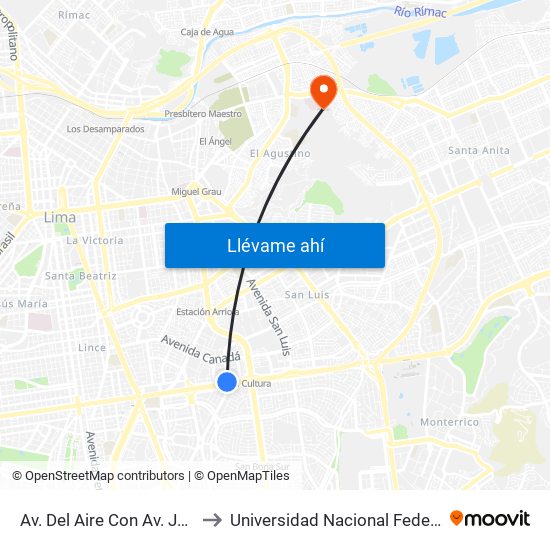 Av. Del Aire Con Av. Javier Prado to Universidad Nacional Federico Villareal map