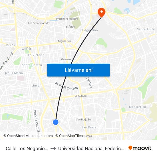 Calle Los Negocios, 499 to Universidad Nacional Federico Villareal map