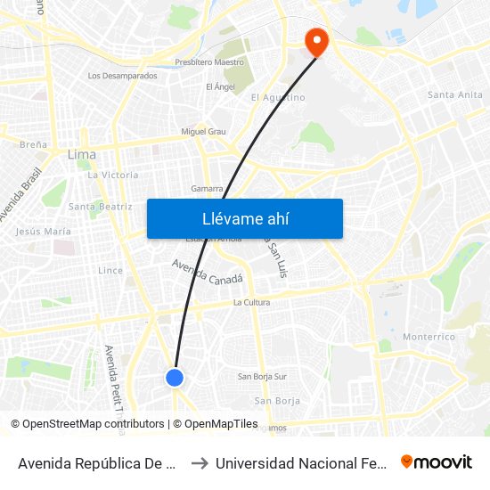 Avenida República De Panamá, 3887 to Universidad Nacional Federico Villareal map