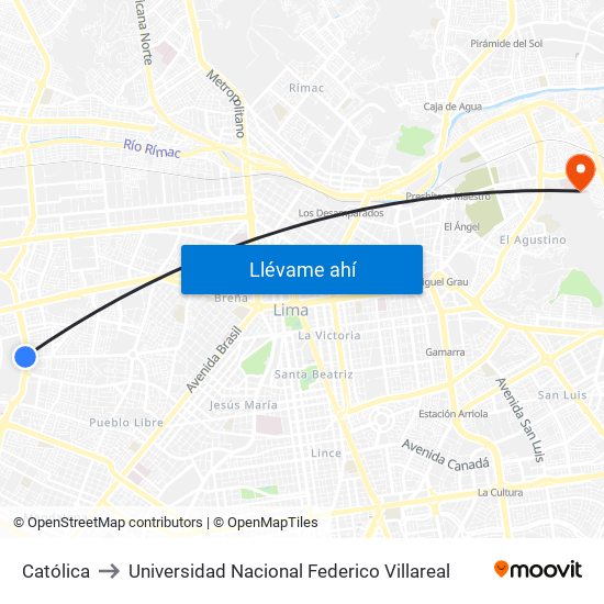 Católica to Universidad Nacional Federico Villareal map