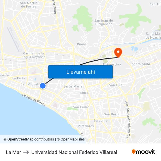 La Mar to Universidad Nacional Federico Villareal map