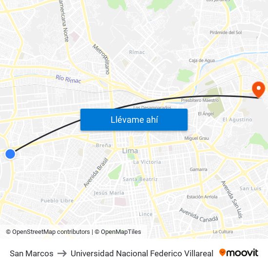 San Marcos to Universidad Nacional Federico Villareal map