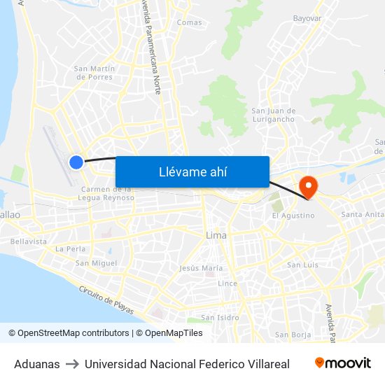 Aduanas to Universidad Nacional Federico Villareal map